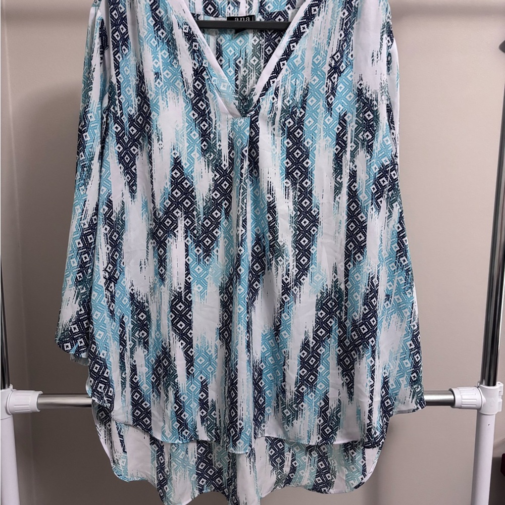a.n.a Blue and White Geometric Blouse
